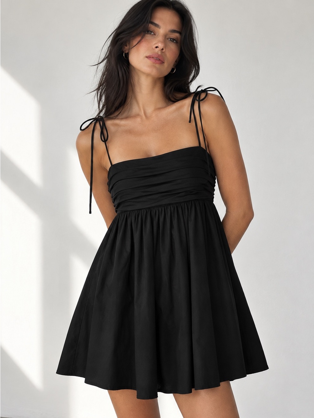 Reformation Catarina Black Babydoll Mini Dress Size 2 Adjustable Tie Straps